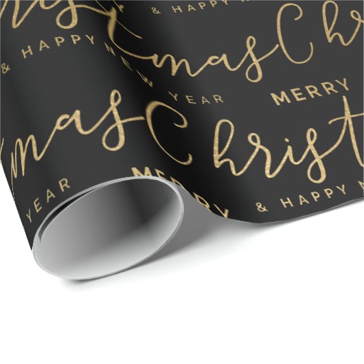 Elegant Black and Gold Script Merry Kerstmis Cadeaupapier (Rol Hoek)