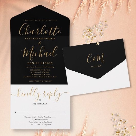 Elegant Black and Gold Script Minimalist Weddensch All In One Uitnodiging