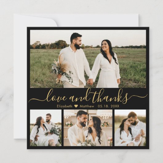 Elegant Black and Gold Script Photo Wedding Bedankkaart (Voorkant)