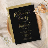 Elegant Black and Gold Script Retirement Party Kaart