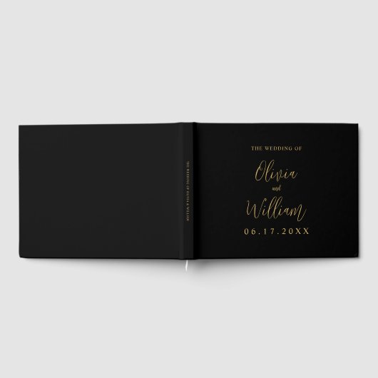 Elegant Black and Gold Script Weddenschap Gastenboek (Volledig)