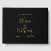Elegant Black and Gold Script Weddenschap Gastenboek (Voorkant)