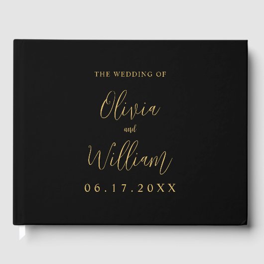Elegant Black and Gold Script Weddenschap Gastenboek (Voorkant)