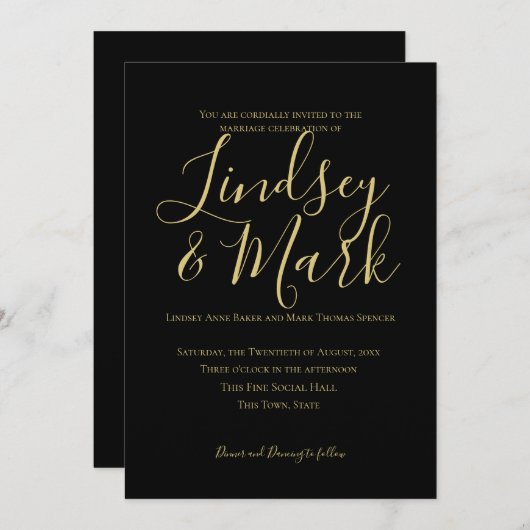 Elegant Black and Gold Script Weddenschap Kaart (Voorkant / Achterkant)