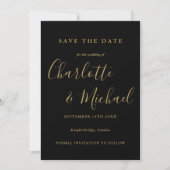 Elegant Black and Gold Script Weddenschap Save The Date (Voorkant)