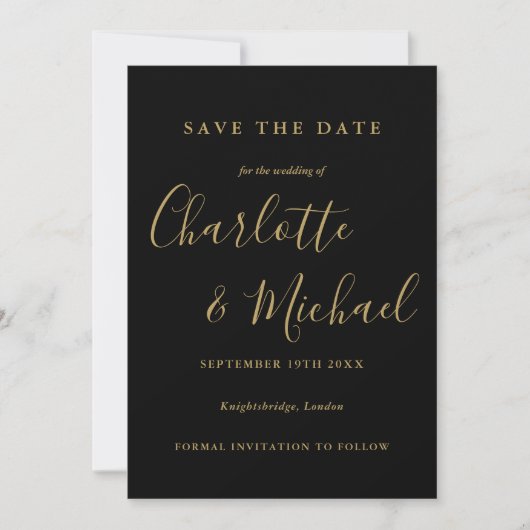 Elegant Black and Gold Script Weddenschap Save The Date (Voorkant)