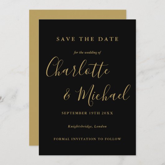 Elegant Black and Gold Script Weddenschap Save The Date (Voorkant / Achterkant)