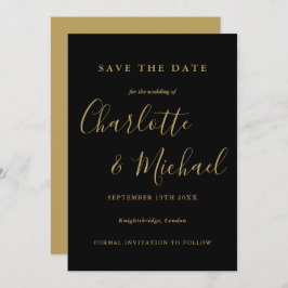 Elegant Black and Gold Script Weddenschap Save The Date