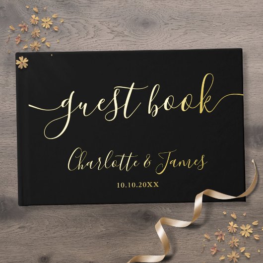 Elegant Black and Gold Signature Script Weduwen Gastenboek