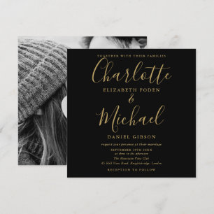 Elegant Black and Gold Signature Weduwfoto Kaart