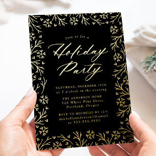 Elegant Black and Gold Snowflake Holiday Party Folie Uitnodiging