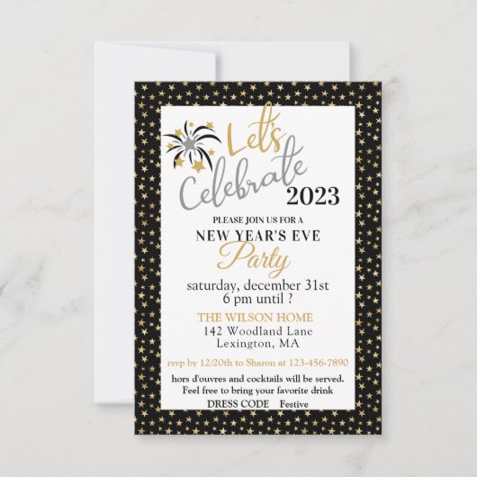Elegant Black and Gold Stars New Years Eve Party (Voorkant)