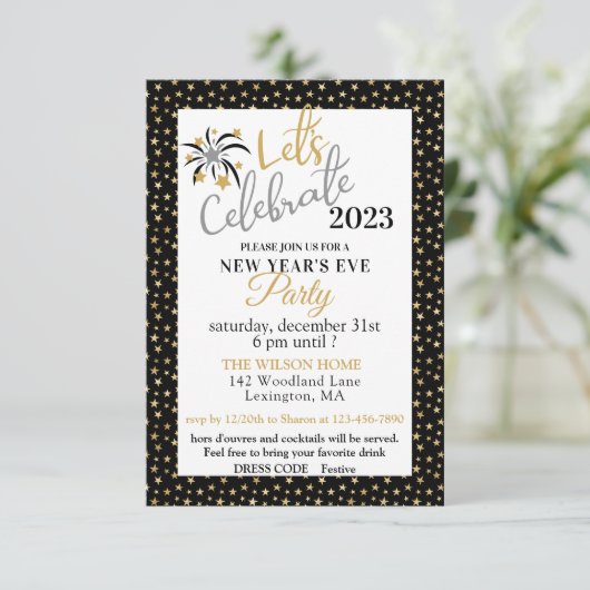 Elegant Black and Gold Stars New Years Eve Party (Staand voorkant)