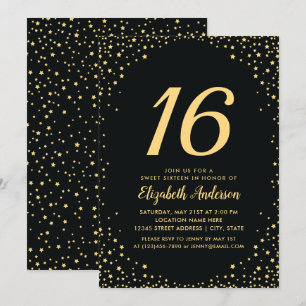 Elegant Black and Gold Stars Sweet 16 Birthday Kaart