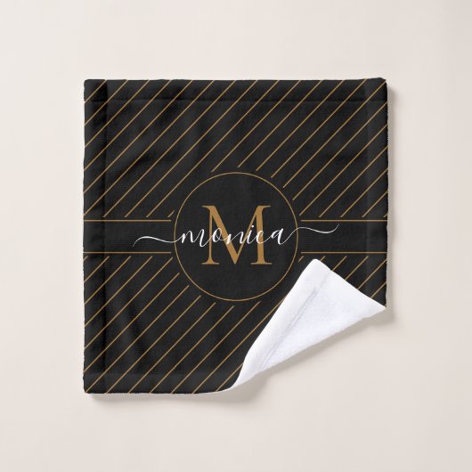 Elegant Black and Gold Striped Monogram Name Bad Handdoek (Wasdoekje)