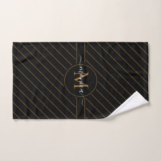 Elegant Black and Gold Striped Monogram Name Bad Handdoek (Handdoek)