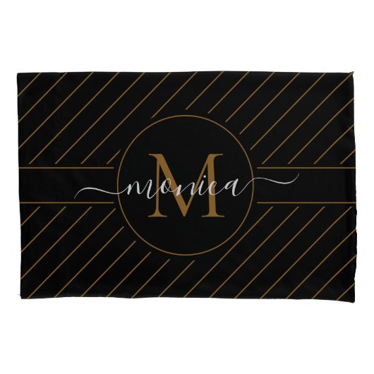Elegant Black and Gold Striped Monogram Name Kussensloop (Voorkant)