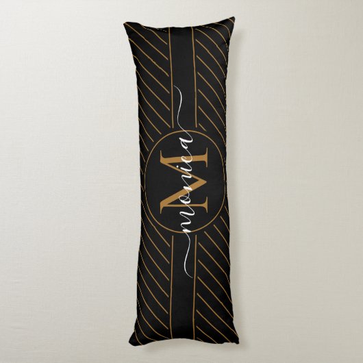 Elegant Black and Gold Striped Monogram Name Lichaamskussen (Achterkant (Verticaal))