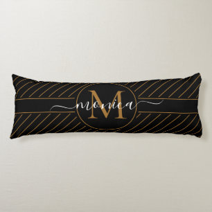 Elegant Black and Gold Striped Monogram Name Lichaamskussen