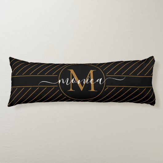 Elegant Black and Gold Striped Monogram Name Lichaamskussen (Voorkant)