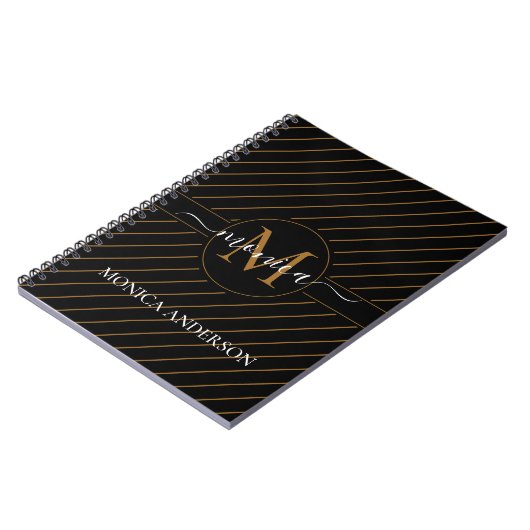 Elegant Black and Gold Striped Monogram Name Notitieboek (Linkerzijde)