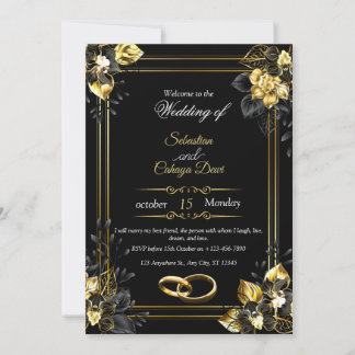 Elegant black and gold summer wedding kaart