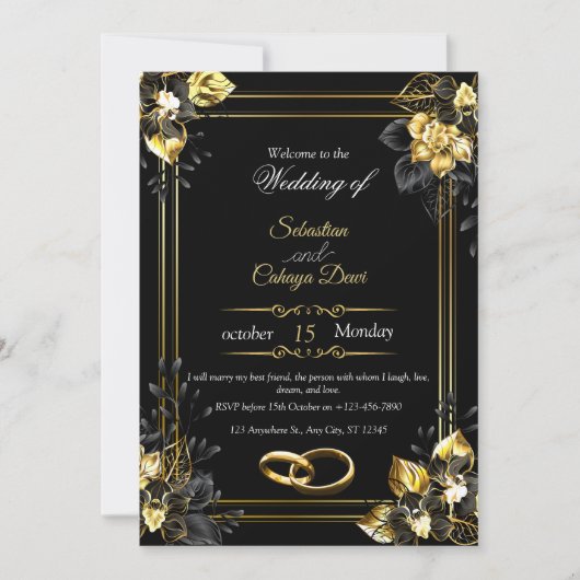 Elegant black and gold summer wedding kaart (Voorkant)