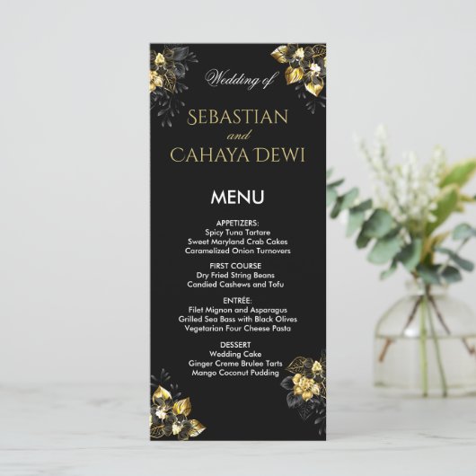 Elegant black and gold summer wedding menu (Staand voorkant)