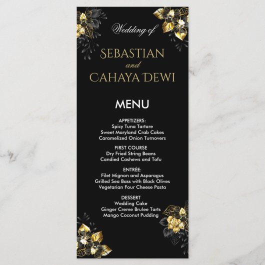 Elegant black and gold summer wedding menu (Voorkant)