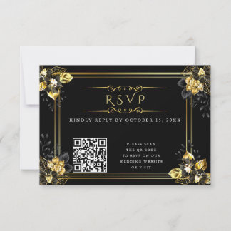 Elegant black and gold summer wedding RSVP kaartje