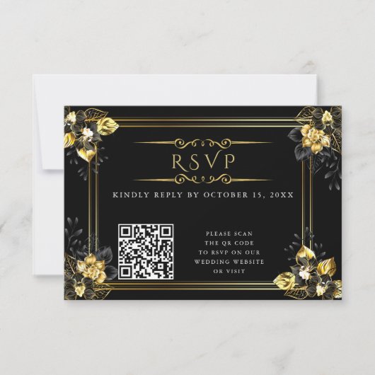 Elegant black and gold summer wedding RSVP kaartje (Voorkant)