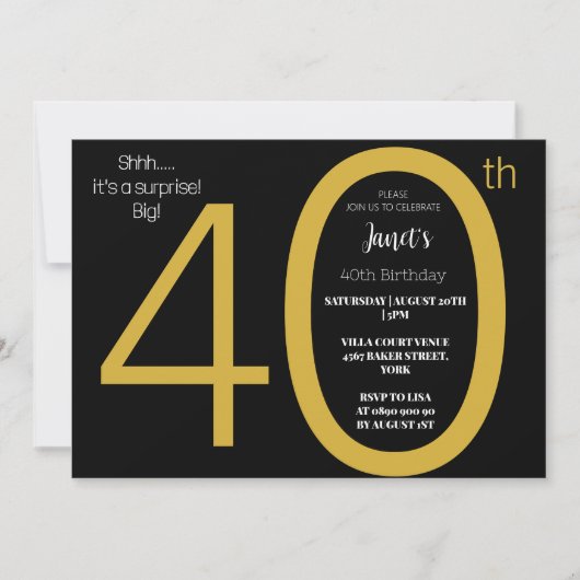Elegant Black and Gold Surprise 40e verjaardag Kaart (Voorkant)
