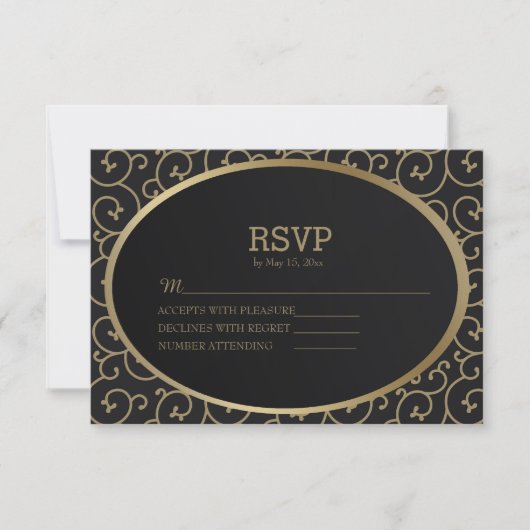 Elegant Black and Gold Swirls Wedding RSVP Kaart (Voorkant)