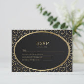 Elegant Black and Gold Swirls Wedding RSVP Kaart (Staand voorkant)