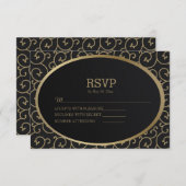 Elegant Black and Gold Swirls Wedding RSVP Kaart (Voorkant / Achterkant)