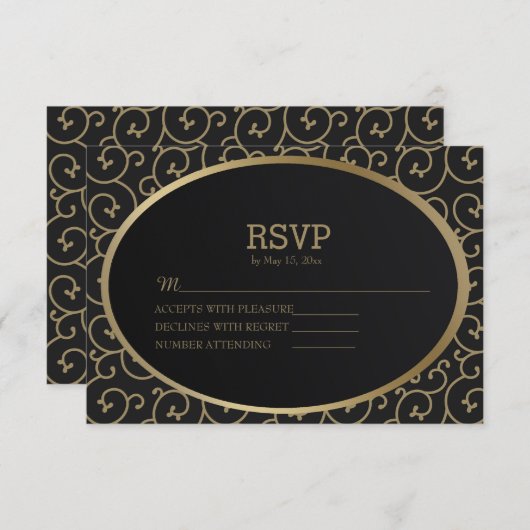 Elegant Black and Gold Swirls Wedding RSVP Kaart (Voorkant / Achterkant)