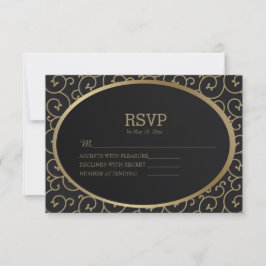 Elegant Black and Gold Swirls Wedding RSVP Kaart