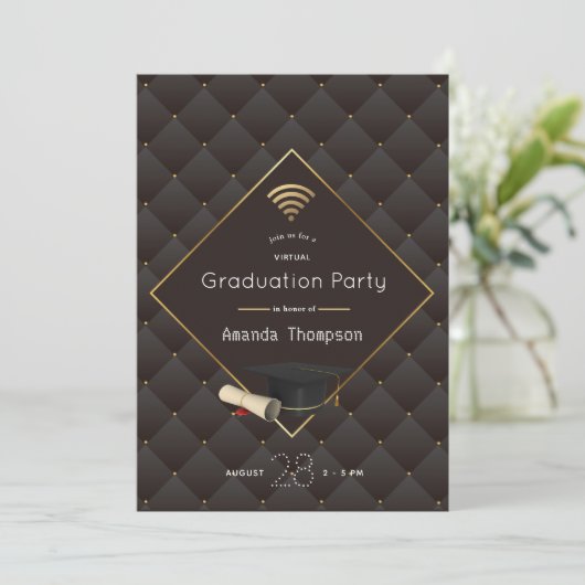 Elegant Black and Gold Virtual Graduparty Kaart (Staand voorkant)