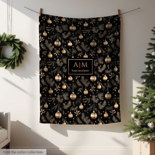 Elegant black and gold watercolor monogram throw fleece deken