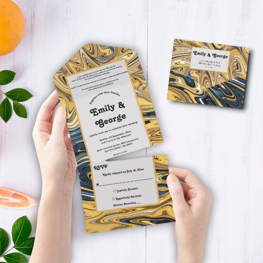 Elegant Black and Gold Waves Abstract huwelijk All In One Uitnodiging