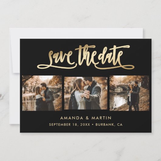 Elegant Black and Gold Wedding 3 Foto Save The Date (Voorkant)