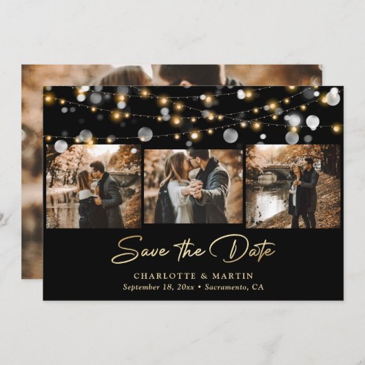 Elegant Black and Gold Wedding 4 Foto Save The Date (Voorkant / Achterkant)