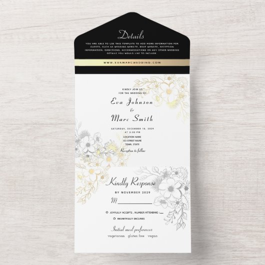 Elegant Black and Gold Wedding All In One Uitnodiging (Binnen)