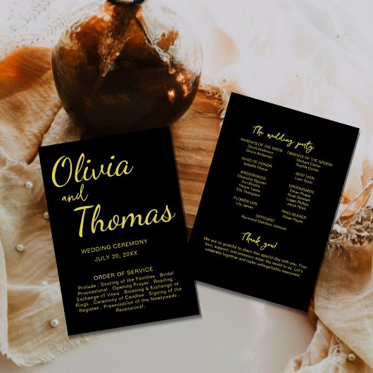 Elegant Black and Gold Wedding Ceremony Program  Programmakaart