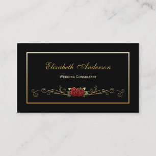 Elegant Black and Gold Wedding Consultant Red Rose Visitekaartje