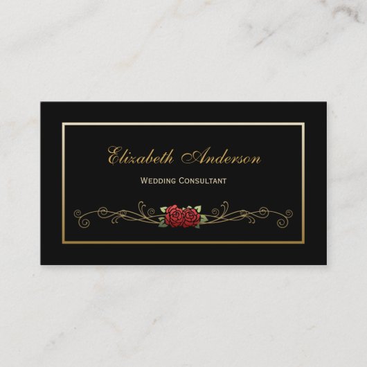 Elegant Black and Gold Wedding Consultant Red Rose Visitekaartje (Voorkant)