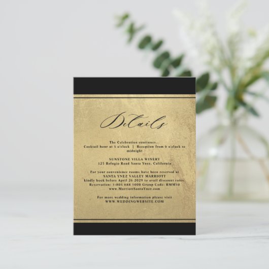 Elegant Black and Gold Wedding Details Enclosure C Informatiekaartje (Staand voorkant)