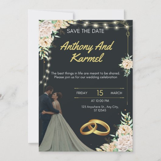 Elegant Black and Gold Wedding Invitation Kaart (Voorkant)