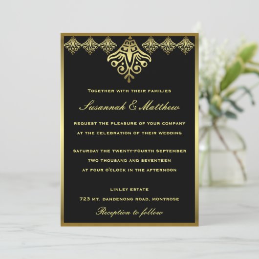 Elegant Black and Gold Wedding Kaart (Staand voorkant)