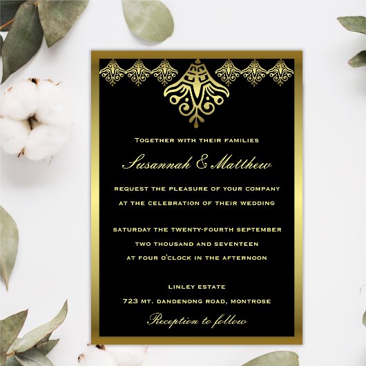 Elegant Black and Gold Wedding Kaart